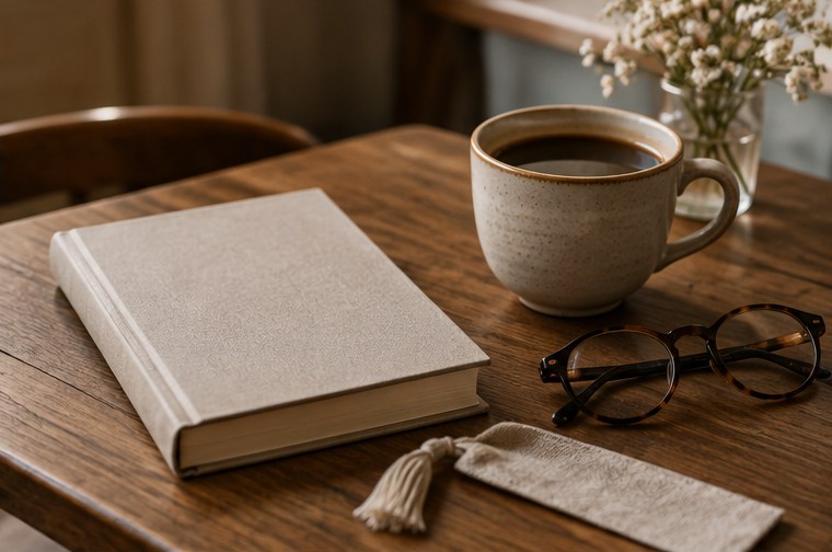 Un livre, des lunettes et une tasse sur une table — illustration générée par IA
