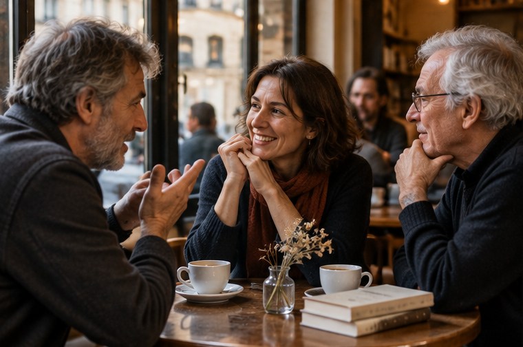 Trois adultes discutent de leurs lectures dans un café — illustration générée par IA