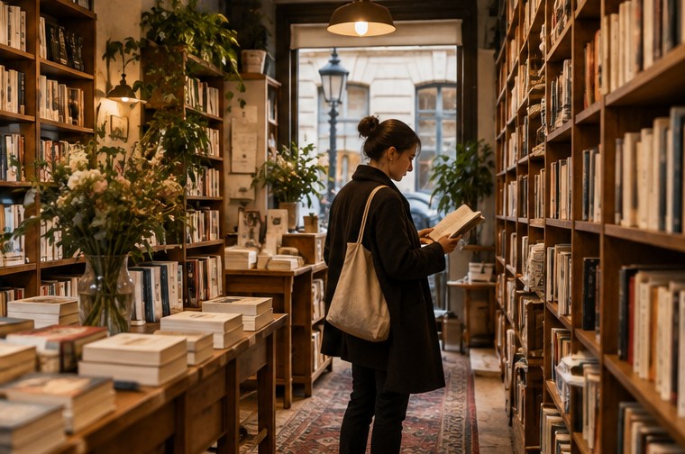 Une lectrice parcourt les rayons d’une librairie — illustration générée par IA